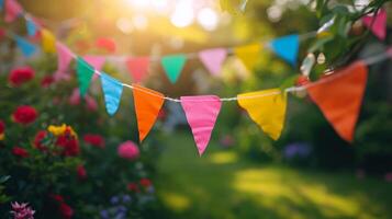 ai generiert mehrfarbig Girlande im das bilden von dreieckig Flaggen auf ein verschwommen Hintergrund von ein Sommer- Garten foto