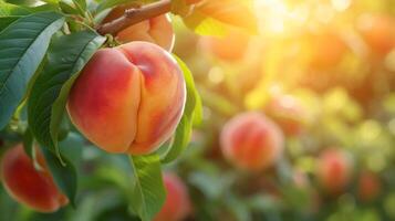 ai generiert schön saftig reif Pfirsich hängen auf ein Ast im das Sommer- Garten foto