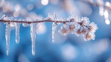 ai generiert kristallklar Eiszapfen hängend von ein gefroren Zweig, reflektieren des Winters Schönheit foto