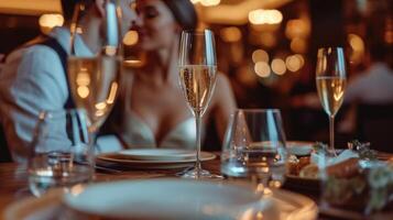 ai generiert elegant Geschäft Paar Sitzung im Luxus Restaurant mit Glas von Champagner foto