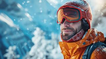 ai generiert Porträt von ein schön jung Mann Skifahren im das Hintergrund von alpin Klone foto