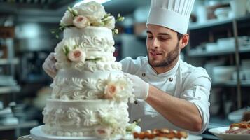 ai generiert jung gut aussehend Gebäck Koch backt ein Hochzeit dreistufig Weiß Kuchen mit Blumen im ein Bäckerei foto