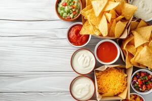 ai generiert Mais Chips, Mexikaner Nachos mit verschiedene Saucen, Raum zum Text foto