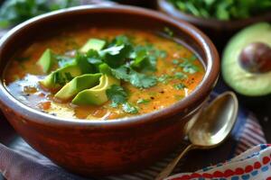 ai generiert sopa de Lima mit Koriander und Avocado Scheiben, Huhn, und Gemüse im ein rustikal Schüssel foto