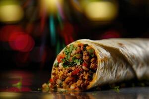 ai generiert Mexikaner Burrito mit Rindfleisch und Gemüse foto