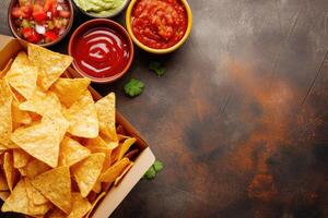 ai generiert Mais Chips, Mexikaner Nachos mit verschiedene Saucen, Raum zum Text foto