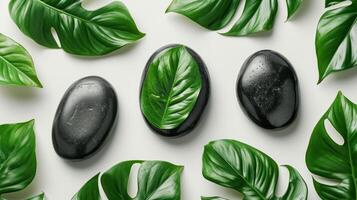 ai generiert Massage Blätter und schwarz Steine auf ein Weiß Hintergrund foto