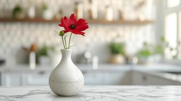 ai generiert ein minimalistisch Vase mit einer rot Blume steht auf ein Weiß Marmor Tabelle foto