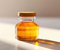 ai generiert Flaschen- Honig im ein Tasse auf ein Weiß Oberfläche foto