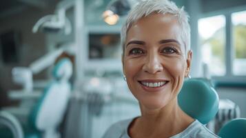 ai generiert ein glücklich Senior Frau posiert zum das Kamera beim das Zahnarzt Büro foto