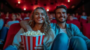 ai generiert schön jung Paar Sitzung im ein Kino mit ein groß Eimer von Popcorn foto