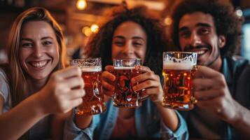 ai generiert glücklich freunde Trinken Bier im Kneipe zusammen foto