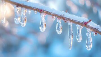 ai generiert kristallklar Eiszapfen hängend von ein gefroren Zweig, reflektieren des Winters Schönheit foto