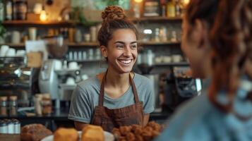 ai generiert ein heiter Barista einnehmend im Konversation mit ein Gast beim das Bar Zähler foto