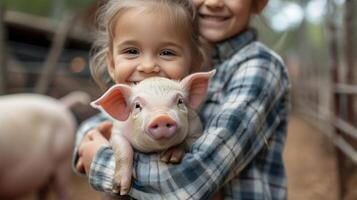 ai generiert ein Mädchen mit ihr Eltern im ein Stift mit Mini Schweine beim das Zoo foto
