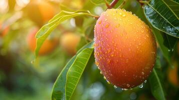 ai generiert schön saftig reif Mango hängen auf ein Ast im das Sommer- Garten foto
