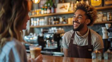 ai generiert ein heiter Barista einnehmend im Konversation mit ein Gast beim das Bar Zähler foto