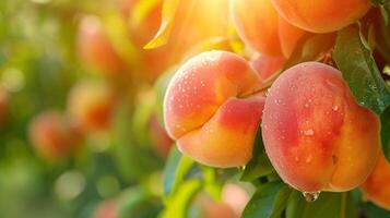 ai generiert schön saftig reif Pfirsich hängen auf ein Ast im das Sommer- Garten foto