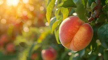 ai generiert schön saftig reif Pfirsich hängen auf ein Ast im das Sommer- Garten foto