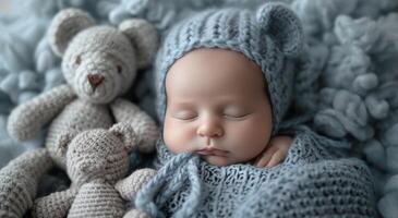 ai generiert Neugeborene Baby Junge Schlafen im Decke mit Bären foto