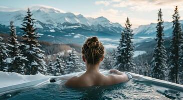 ai generiert weiblich im heiß Wanne mit Blick auf Berge und Schnee foto