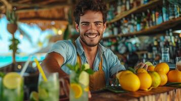 ai generiert jung gut aussehend Barmann vorbereiten Mojito beim Sommer- Strand Bar foto