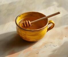 ai generiert ein Tasse von Honig mit ein hölzern Stock foto