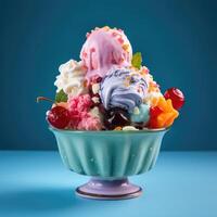 ai generiert Gourmet Geschmack von Italienisch Eis Sahne im beschwingt Farben serviert im Individuell Porzellan Tasse auf ein Blau Hintergrund foto