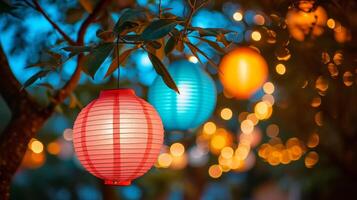 ai generiert bunt Laternen hängend von Baum Geäst, leuchten ein festlich Garten Party foto