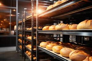 ai generiert Regale mit gebacken Brote, Laib von brot, Baguettes von kommerziell Bäckerei Küche. Brot Backen Produktion Herstellung Geschäft und modern Technologie foto