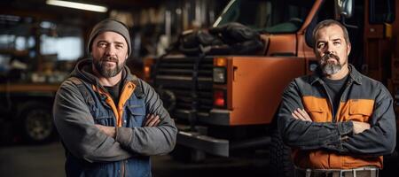 ai generiert LKW Reparatur Geschäft Inhaber im Uniform im das Garage, LKW auf Hintergrund foto