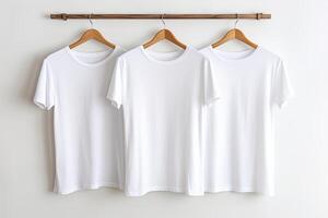 ai generiert Gestell mit leer Weiß einfach T-Shirts Kleider Aufhänger, Attrappe, Lehrmodell, Simulation foto