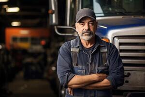 ai generiert LKW Reparatur Geschäft Inhaber im Uniform im das Garage, LKW auf Hintergrund foto