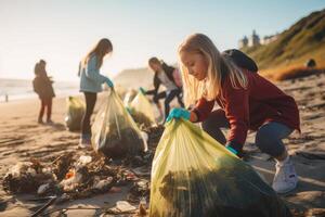 ai generiert Kinder Jugendliche Reinigung Bereich beim das Strand. Freiwilligenarbeit, Wohltätigkeit, Menschen, Ökologie Konzept. Freiwillige Sammeln Plastik, Müll beim das Strand. Welt sauber oben Tag foto