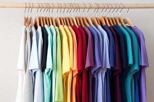 ai generiert Gestell mit bunt einfach T-Shirts hängen auf Kleider Aufhänger im Wandschrank foto