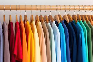 ai generiert Gestell mit bunt einfach T-Shirts hängen auf Kleider Aufhänger im Wandschrank foto