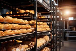 ai generiert Regale mit gebacken Brote, Laib von brot, Baguettes von kommerziell Bäckerei Küche. Brot Backen Produktion Herstellung Geschäft und modern Technologie foto