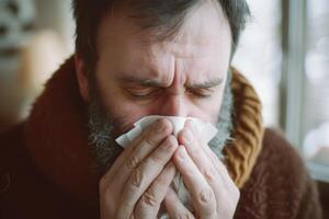 ai generiert krank Mann Wer hat das Grippe weht ihr Nase in ein Gewebe, Niesen in ein Serviette foto