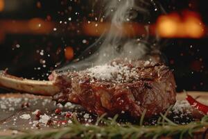 ai generiert gegrillt Rindfleisch Tomahawk Steak auf Knochen mit Salz, Pfeffer, Rosmarin foto