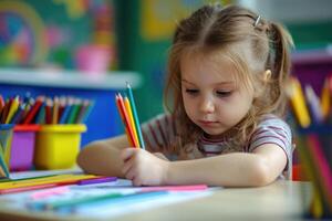 ai generiert wenig Mädchen zeichnet mit farbig Bleistifte ausdrücken Kreativität durch Kunst foto