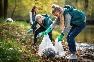 ai generiert Kinder Jugendliche Reinigung Bereich im Park. Freiwilligenarbeit, Wohltätigkeit, Menschen, Ökologie Konzept. Freiwillige Sammeln Plastik Müll im Wald. Welt sauber oben Tag foto