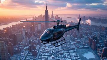 ai generiert das Hubschrauber ist geschätzt zum das Hubschrauber Zweck beim hoch Höhe im Stadt foto