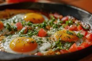 ai generiert Mexikaner Huevos Rancheros Ei tostada, durcheinander Eier, Salsa, Taco, Tortillas, Gemüse, Petersilie foto