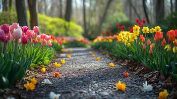 ai generiert ein malerisch Garten Pfad geschmückt mit bunt Tulpen und Narzissen, Ideal zum ein Ostern Bummel foto