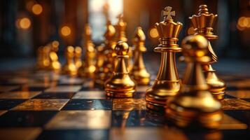 ai generiert golden Schach Stücke auf ein schwarz gefliest foto