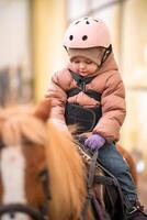 wenig Kind Reiten Lektion. Drei Jahre alt Mädchen Fahrten ein Pony und tut Übungen. hoch Qualität Foto