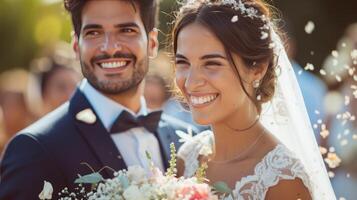 ai generiert glücklich Hochzeit Fotografie von Braut und Bräutigam beim Hochzeit Zeremonie foto