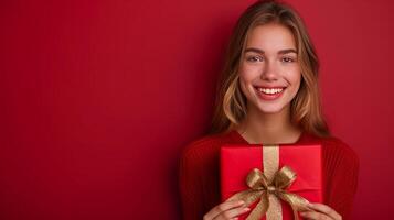 ai generiert glücklich jung schön Mädchen halten ein groß rot Geschenk Box mit ein golden Bogen auf ein minimalistisch hell Hintergrund foto