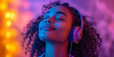 ai generiert glücklich jung weiblich tragen Kopfhörer und Hören zu Musik- auf lila Hintergrund foto