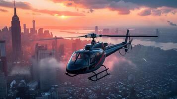ai generiert das Hubschrauber ist geschätzt zum das Hubschrauber Zweck beim hoch Höhe im Stadt foto